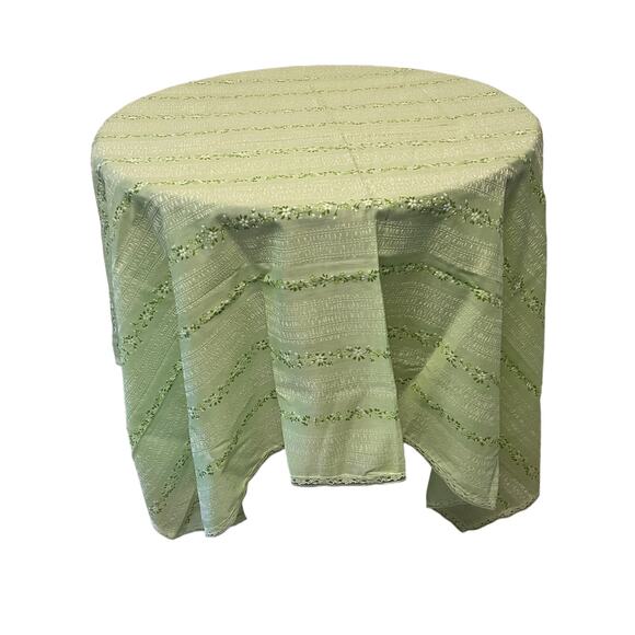 Vintage flocked textured floral flower pattern green white table cloth 58 x 46 - Picture 1 of 6